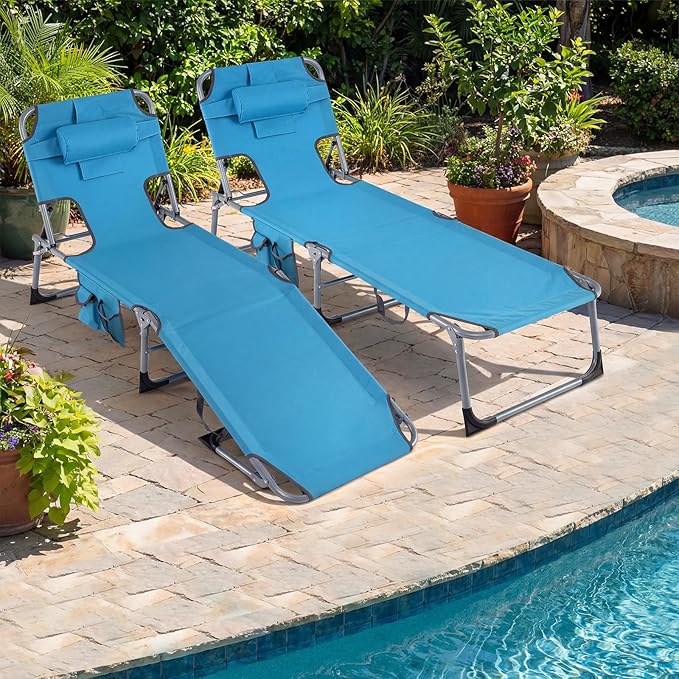 Giantex Face Down Tanning Chair, Folding Beach Lounge Chair w/ 4-Position Adjustable Backrest, Outdoor Sunbathing Lounge Chair w/Face Arm Holes & Storage Pocket for Patio Deck Poolside (2, Navy)