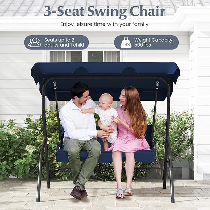 RELAX4LIFE 3-Person Porch Swing Chair - Outdoor Swing w/Adjustable Canopy, Removable Cushion & Metal Frame Stand - Photo 3