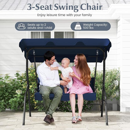 RELAX4LIFE 3-Person Porch Swing Chair - Outdoor Swing w/Adjustable Canopy, Removable Cushion & Metal Frame Stand, 3 Seat Swing Bench for Backyard Garden Poolside, Patio Swing for Adults (Navy)