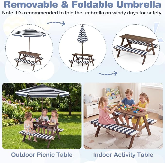 Costzon Kids Picnic Table, Wooden Toddler Outdoor Table & Bench Set with Removable Umbrella & Cushions, Stripe Fabric, Kids Outdoor Furniture for Patio Backyard Garden, Fits 4 Children Age 3+ (Navy)