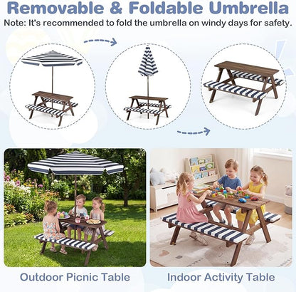 Costzon Kids Picnic Table, Wooden Toddler Outdoor Table & Bench Set with Removable Umbrella & Cushions, Stripe Fabric, Kids Outdoor Furniture for Patio Backyard Garden, Fits 4 Children Age 3+ (Navy)