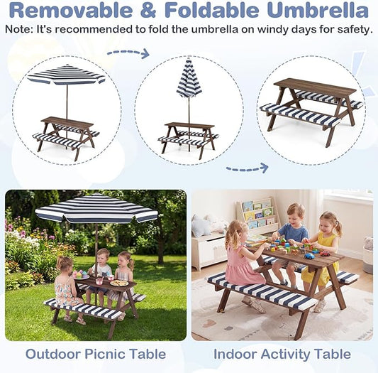 Costzon Kids Picnic Table, Wooden Toddler Outdoor Table & Bench Set with Removable Umbrella & Cushions, Stripe Fabric, Kids Outdoor Furniture for Patio Backyard Garden, Fits 4 Children Age 3+ (Navy)