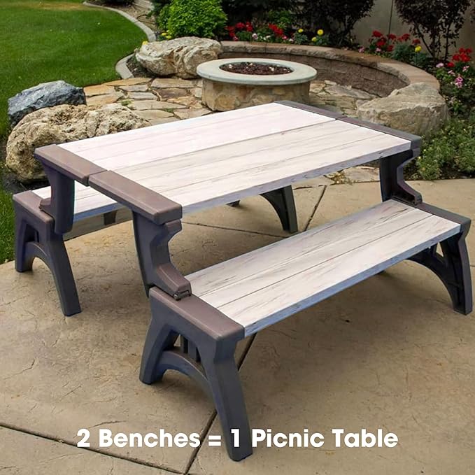 Convert-a-Bench 2-in-1 Outdoor Bench & Picnic Table - Foldable, Weather-Resistant Seating - Perfect for Patio, Lawn, Garden, Deck - Durable Construction, Easy Assembly, 1 Bench/Order Mocha Driftwood