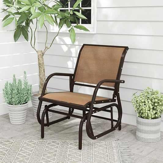 Tangkula Swing Glider Chair, Ergonomic Rocking Chair with Comfortable Fabric, Iron Frame, 4 Non-Slip Foot Pads, Outdoor Patio Glider Rocker Chair for Living Room, Garden, Backyard (1, Brown)
