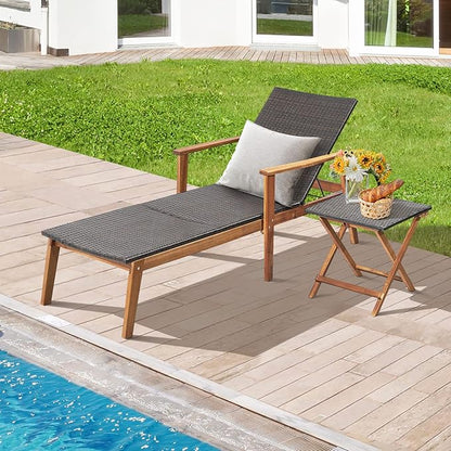 Tangkula 3 Piece Patio Chaise Lounge & Table Set, Outdoor Rattan Lounge Chair w/Folding Side Table, 4-Level Adjustable Backrest, Solid Acacia Wood Frame, Recliner & Table Set for Backyard (Mix Brown)