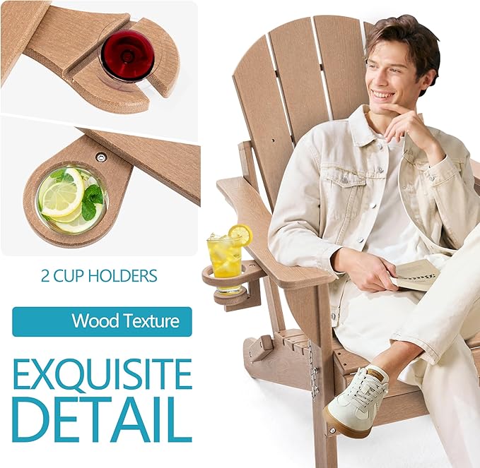 Folding Outdoor Adirondack Chairs Set of 1 with High&Reclining Back-HDPE Weather Resistant Patio Chairs with Cup and Phone Holder for Patio,Fire Pit, Garden and Backyard
