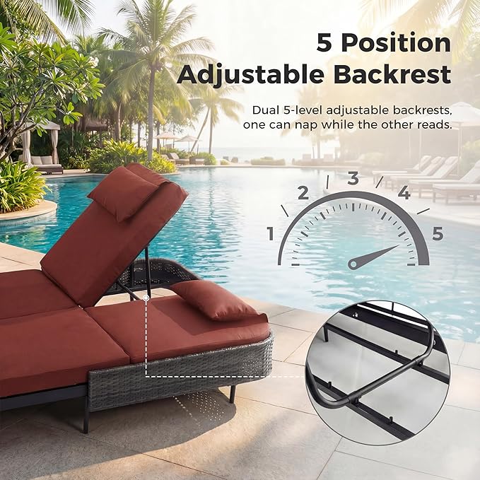 RADIATA 51.2" Outdoor Loveseat Sofa Bed, PE Wicker Patio Daybed with 2-Person Double Chaise Lounge, Independent 5-Position Adjustable Backrest, All-Weather Poolside Furniture