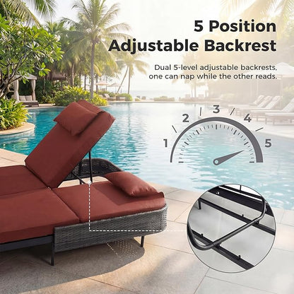 RADIATA 51.2" Outdoor Loveseat Sofa Bed, PE Wicker Patio Daybed with 2-Person Double Chaise Lounge, Independent 5-Position Adjustable Backrest, All-Weather Poolside Furniture