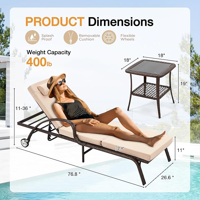 HOMREST Wicker Chaise Lounge Set of 2, Pool Lounge Chair with Side Table - Photo 2