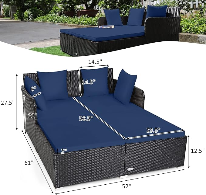Tangkula Outdoor Rattan Daybed, Sunbed Wicker Furniture w/Spacious Seat, Upholstered Cushion & High-Resilience Sponge - Photo 4