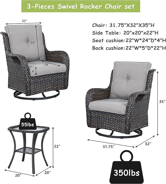 Rilyson Wicker Rocking Chair Swivel Chairs - 3 Piece Rocker Patio Furniture Set Rattan Rocking Bistro Sets with Glass Top Side Table for Outdoor Porch Deck Garden Backyard (Brown/Grey)