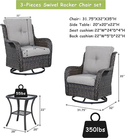 Rilyson Wicker Rocking Chair Swivel Chairs - 3 Piece Rocker Patio Furniture Set Rattan Rocking Bistro Sets with Glass Top Side Table for Outdoor Porch Deck Garden Backyard (Brown/Grey)