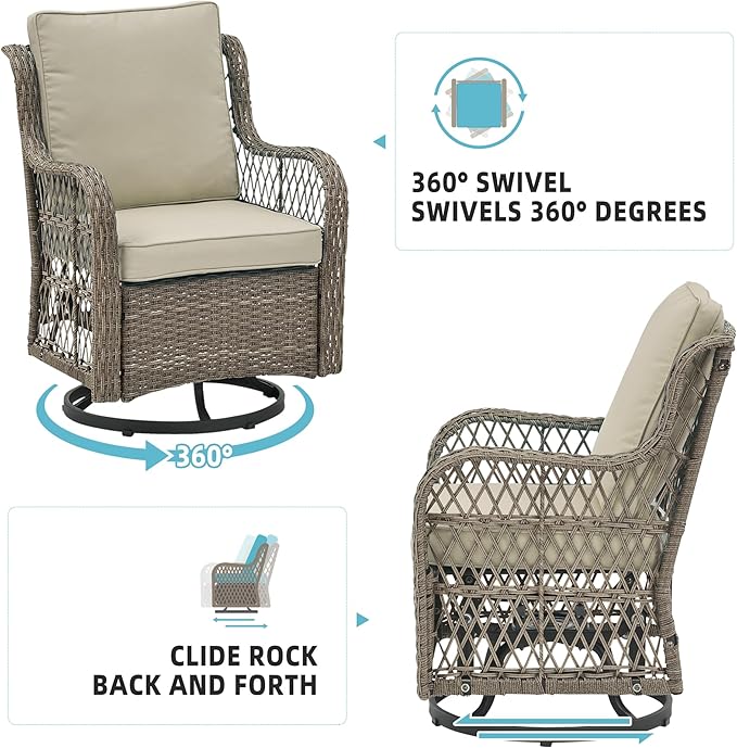 GAOMON 3 Piece Outdoor Patio Set, Wicker Rocking Bistro Set with 2 Swivel Chairs & Tempered Glass Top Table - Photo 6