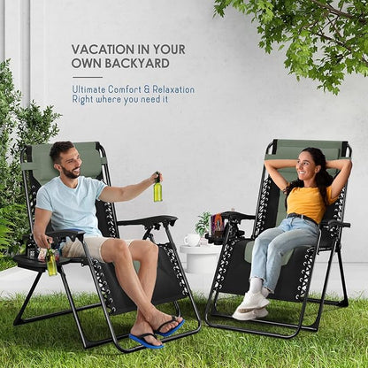 Nestl Outdoor Padded Zero Gravity Chair, Patio Lounge Chair Outdoor Recliner, Oversized Anti Gravity Lounger with Adjustable Headrest and Cup Holder, Foldable for Camping, Yard - Black/Sage Green