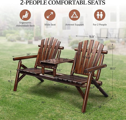 VINGLI Outdoor Adirondack Bench with Built-in Table, Wood Garden Bench for Porch, Yard, Garden, Patio, Deck, Firepit, Pool