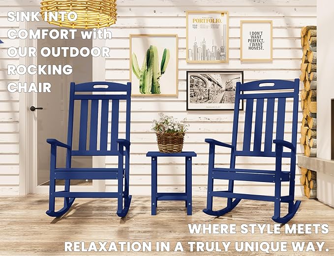Outdoor Rocking Chair Set of 2, High Back HDPE Patio Chair, All Weather Porch Rocker, Lawn Chair for Deck, Porch, Backyard, Garden, Navy
