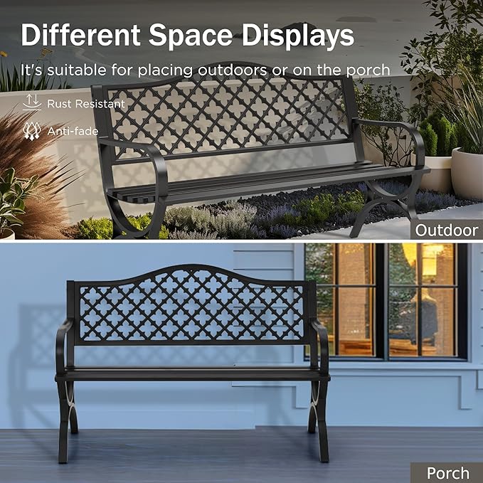 PHI VILLA 50" Garden Metal for Outdoors Weatherproof 2-Person Steel Furniture for Garden, Patio, Porch, Black - Photo 6