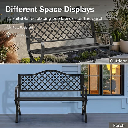 PHI VILLA 50" Garden Metal for Outdoors Weatherproof 2-Person Steel Furniture for Garden, Patio, Porch, Black