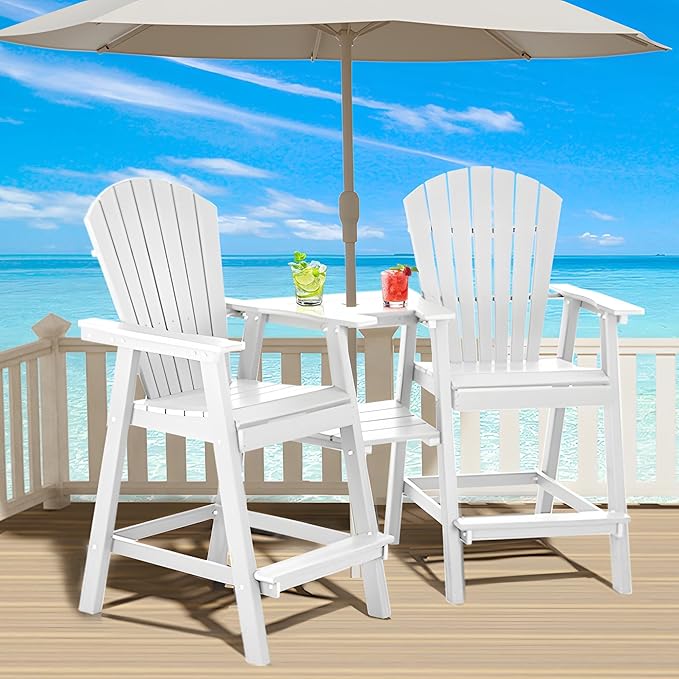 Tall Adirondack Chairs Set of 8, HDPE Balcony Chair with Double Connecting Tray, Weather Resistant Outdoor Adirondack Bar Stools for Patio, Deck, Patio, Backyard, Balcony. (White)