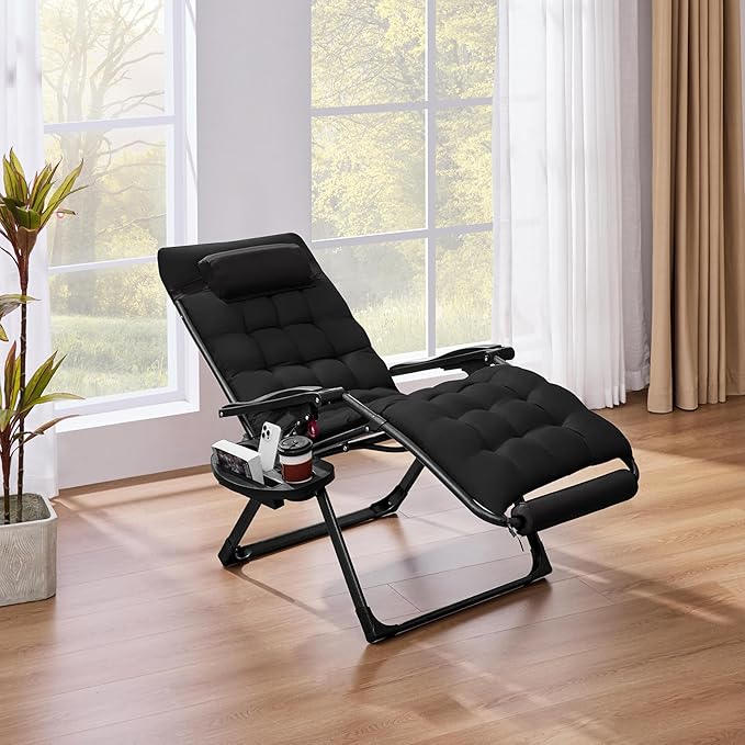 Yaheetech 26" Zero Gravity Chair Folding Reclining Lounge Recliner with Removable Pad & Headrest & Side Cup Holder Tray for Indoor and Outdoor Black/1