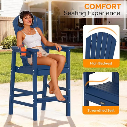 VINGLI Tall Adirondack Chair, All-Weather Plastic Adirondack Chair with Cup Holder Heavy-Duty Outdoor Barstools for Patio, Pool, Balcony,Backyard (Navy Blue, 1 PCS)