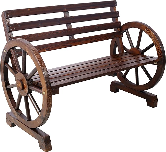 Outdoor Wood Bench, 2-Person Wooden Wagon Wheel Bench for Backyard, Patio, Porch, Garden, Outdoor Lounge Furniture with Rustic Country Design, Slatted Seat and Backrest, Brown (Brown)