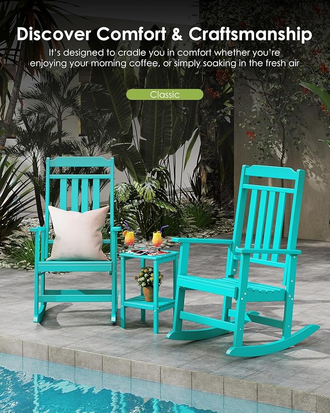 GREENVINES Outdoor-Rocking-Chairs-Set-of-2 | HDPE Plastic | Patio Rockers | Porch Rocker Chair | Oversized | High Back | Big & Tall | Aqua