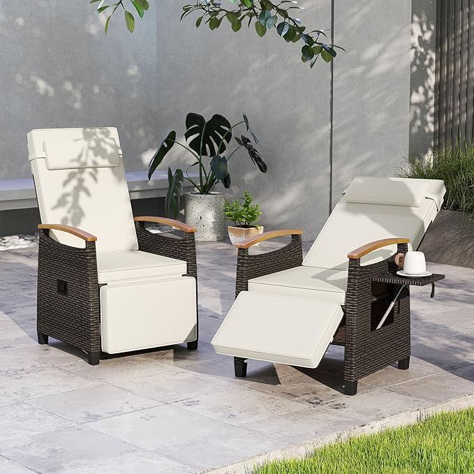HAPPYGRILL Outdoor Rattan Wicker Chaise Lounge Recliner Chair with Adjustable Backrest & Footrest, Push Back Outside Seat w/Cushion & Flip Table for Backyard, Porch, Balcony (Off White,1)