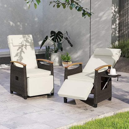 LDAILY Moccha Wicker Outdoor Recliner Chair - Rattan Lounge Chair with Adjustable Backrest & Footrest, Flip Side Table, Cushion, Push Back Reclining Seat for Pool Yard Patio Porch Balcony (Off White)