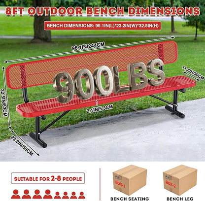 Heavy Duty Park Bench for Outside, Metal Park Bench with Back Portable Frame, Outdoor Steel Mesh Garden Bench with Backrest for Garden, Lawn, Patio, Porch, Park, Yard (Red, 6FT/73INCH)