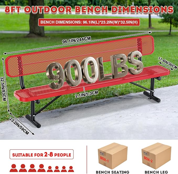8Ft Heavy Duty Park Bench with Back Portable Frame, Outdoor Steel Bench with Backrest, Expanded Metal Mesh Bench for Lawn, Park, Deck, Garden, Patio, Porch, Red