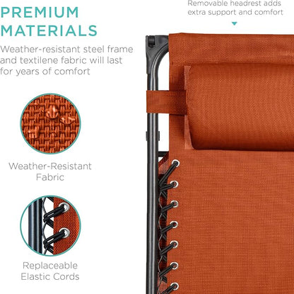 Best Choice Products Folding Zero Gravity Outdoor Recliner Patio Lounge Chair w/Adjustable Canopy Shade, Headrest, Side Accessory Tray, Textilene Mesh - Burnt Orange