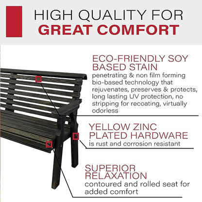 Amish Casual Heavy Duty 5 Foot Roll Back Outdoor Bench in Black Stain - Amish Made in The USA from Treated Pine for Outdoor Durability, 700 Lb Weight Capacity