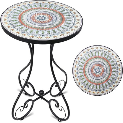 VCUTEKA Mosaic Outdoor Side Table, Round Rustproof Patio Tables with 14" Ceramic Tile Top, Indoor Porch Accent Table for Yard, Garden, Living Room, Bistro Balcony, Green