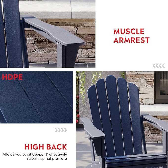 Costaelm Lakeview 3-Piece Outdoor Patio HDPE Adirondack Chair with Cup Holder and Table Set, Navy Blue