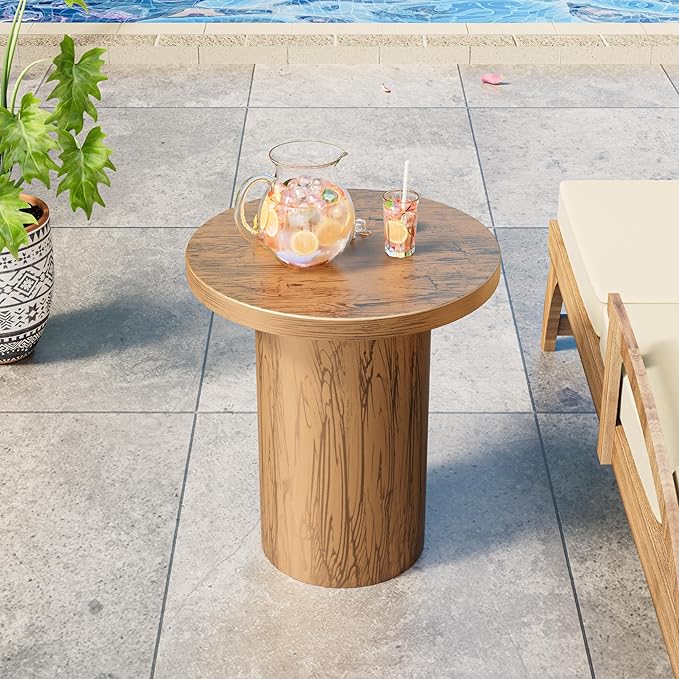 Metal Small Patio Table, Round Outdoor Side Table, Wood Color Outdoor Accent End Table, Patio Furniture, for Garden, Pool, Yard, Balcony, Living Room, Deck, Weather Resistant, No Assembly
