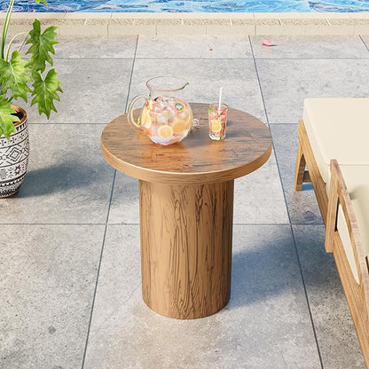 Metal Small Patio Table, Round Outdoor Side Table, Wood Color Outdoor Accent End Table, Patio Furniture, for Garden, Pool, Yard, Balcony, Living Room, Deck, Weather Resistant, No Assembly