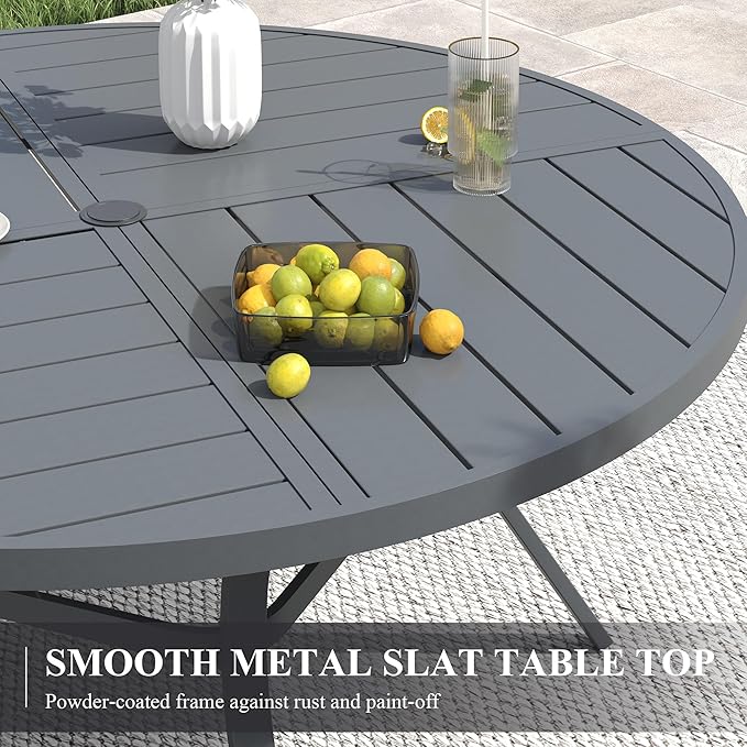 VICLLAX 47.2" Round Patio Table with Umbrella Hole, All Weather Metal Outdoor Dining Table for 6, Outside Table with Storage Shelf for Lawn Garden, Grey