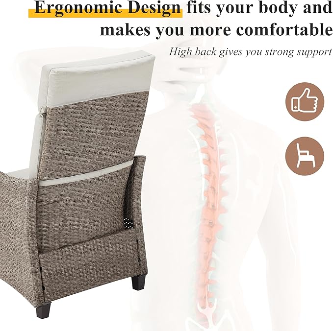 HOMREST Outdoor Recliner Chair for Patio, Wicker Reclining Chair with Adjustable Backrest up to 150°, Rattan Armchair with Integrated Footrest & Removable Cushion for Garden, Light Gray