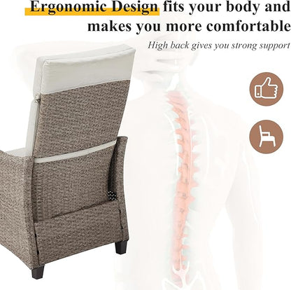 HOMREST Outdoor Recliner Chair Set of 2, Wicker Reclining Chair with Adjustable Backrest up to 150°, Rattan Armchair with Integrated Footrest Removable Cushion or Porch Garden,Light Gray