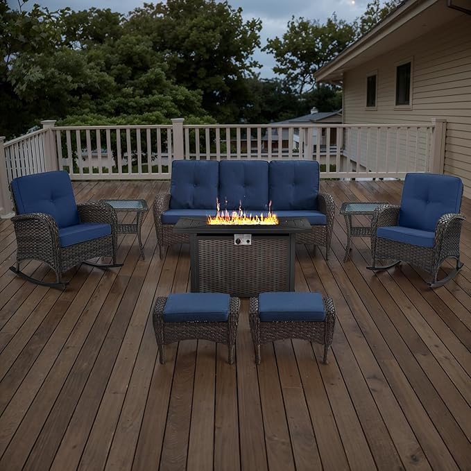 Belord Patio Furniture Set with Fire Pit Table - 8 Piece Outdoor Wicker Furniture Set with 43" 50000 BTU Propane Fire - Photo 2