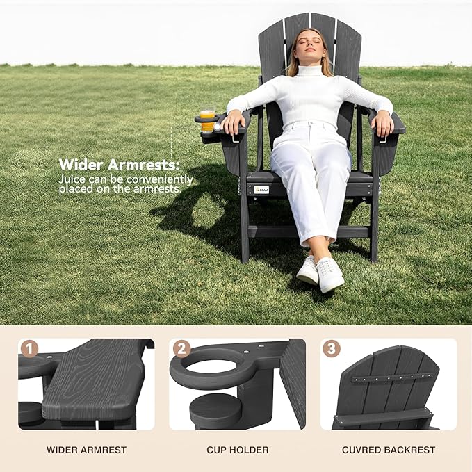 Mdeam 3-Level Adjustable Adirondack Chair, Wooden Textured, HDPE All-Weather Folding Fire Pit Chair with Cup Holder, Outdoor Chair for Poolside Deck Patio Garden Backyard Lawn Campfire - Grey