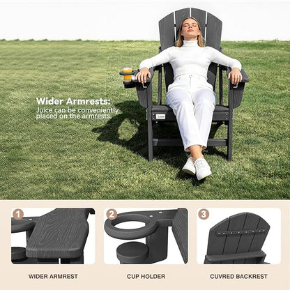 Mdeam 3-Level Adjustable Adirondack Chair, Wooden Textured, HDPE All-Weather Folding Fire Pit Chair with Cup Holder, Outdoor Chair for Poolside Deck Patio Garden Backyard Lawn Campfire - Grey