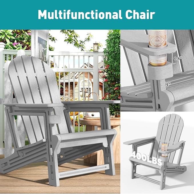 Adirondack Chair, Tool-Free Assembly All-Weather Adirondack Chairs, HDPE Fire Pit Chairs with Cup Holder, Outdoor Chair for Patio Garden (Grey)