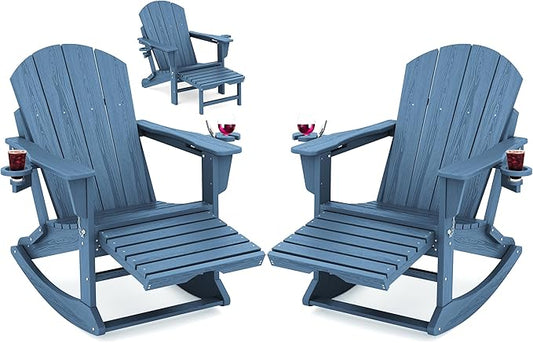 KINGYES Adirondack Rocking Chair Set of 2 with Retractable Ottoman and Cup Holders, HDPE Adirondack Rocker Patio Rocking Chair for Porch, Patio, Balcony, Deep Blue