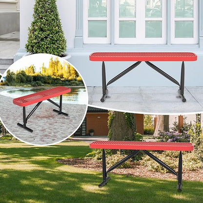 Park Benches for Outside, 72" L Red Metal Backless Bench Weatherproof Porch Furniture Patio Seating, Commercial Heavy Duty Bench for Outside, Lawn, Backyard, Park, Deck, Garden, Patio, School