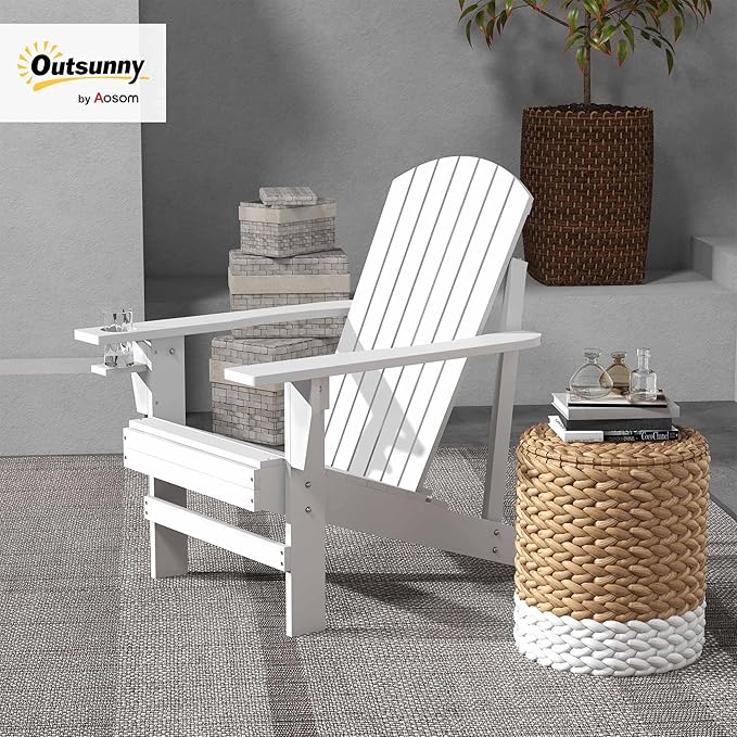 Outsunny Wooden Adirondack Chair, Outdoor Patio Lawn Chair with Cup Holder, Weather Resistant Lawn Furniture, Classic Lounge for Deck, Garden, Backyard, Fire Pit, White