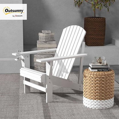 Outsunny Wooden Adirondack Chair, Outdoor Patio Lawn Chair with Cup Holder, Weather Resistant Lawn Furniture, Classic Lounge for Deck, Garden, Backyard, Fire Pit, White