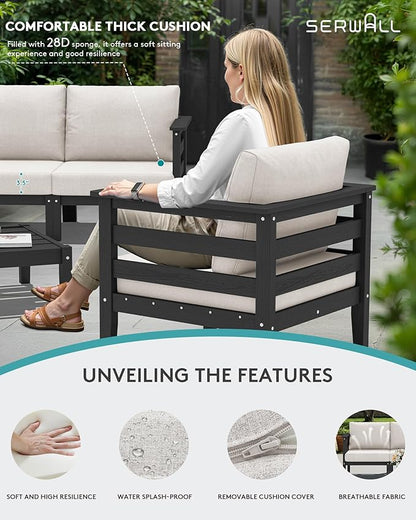 SERWALL HDPE Outdoor Furniture Set, 10 Pieces Patio Sectional Sofa Set, All-Weather Wood-Like Outdoor Sofa with Coffee Table for Deck, Garden, Black Frame with Khaki Cushion