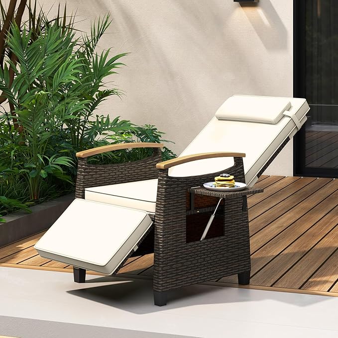 Tangkula Patio Wicker Recliner Chair, Rattan Lounge Chair w/Adjustable Backrest & Footrest, Flip Side Table, Push Back Reclining Seat w/Cushion for Backyard, Porch, Lawn (1, Off White)